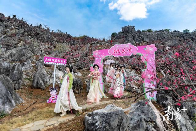 石林桃园依托独特地貌打造，还布置了桃花主题打卡点。爱地旅游 供图
